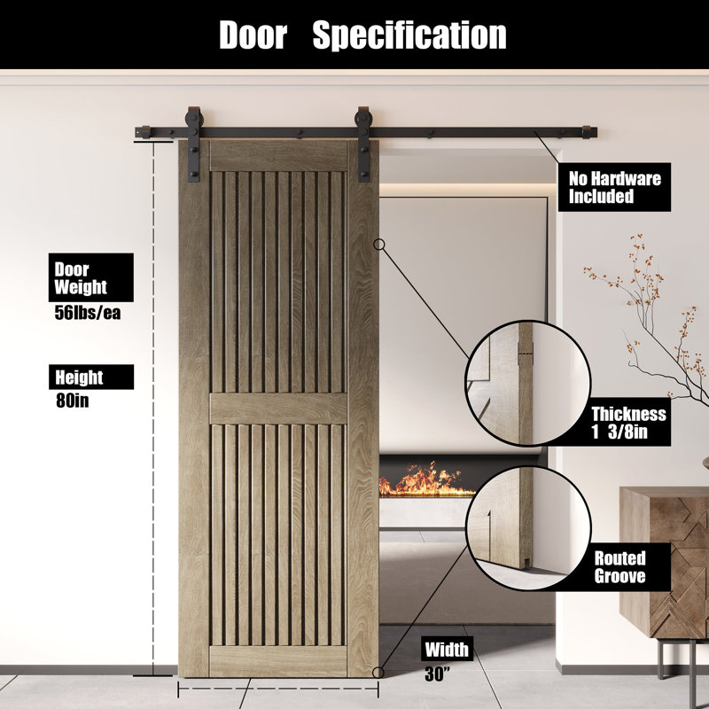 Porte de grange en bois de pin à rayures verticales Homacer, 30 po x 80 po