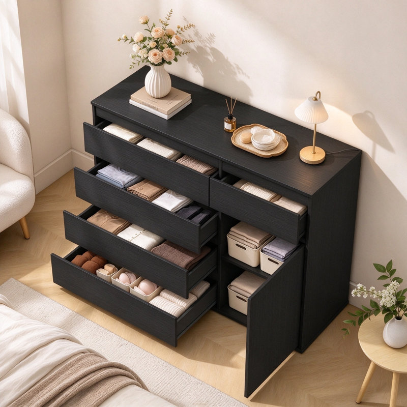 5 -Drawer 1 -Door Rectangle Accent Chest, Black