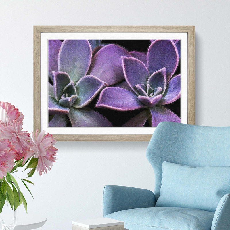 Lilac & Green Succulent Plant - Picture Frame Painting Print, 27cm H x 36cm W x 2cm D, Oak Framed