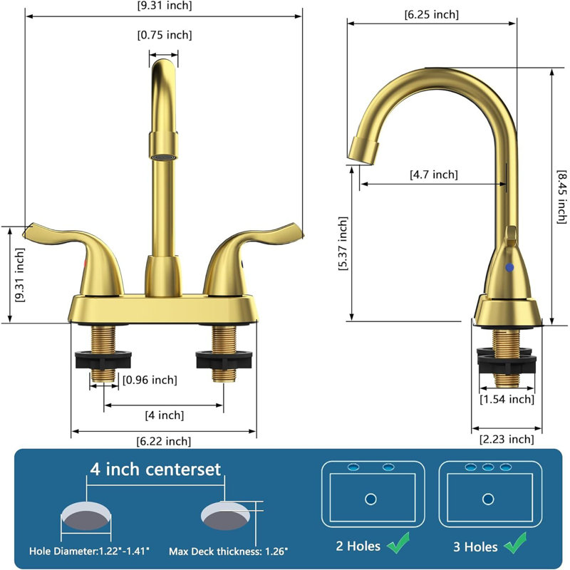 4" Centerset 2-handle Bathroom Faucet with Drain Assembly, Brushed Gold