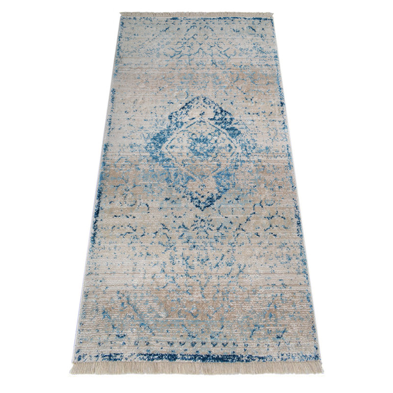 Tapis en polyester fabriqués à la machine Crayton - couleur bleue, conception orientale, tapis à poils courts pour le salon, la chambre à coucher