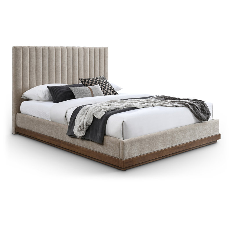 Emmet Chenille Fabric Bed, Beige Chenille Fabric / Brown Walnut, King