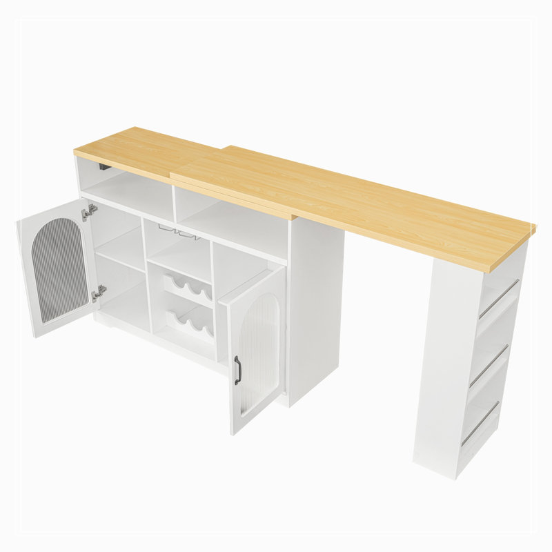 Îlot de cuisine avec plateau de table extensible, support à vin, éclairage DEL et prise de courant, Natural+White