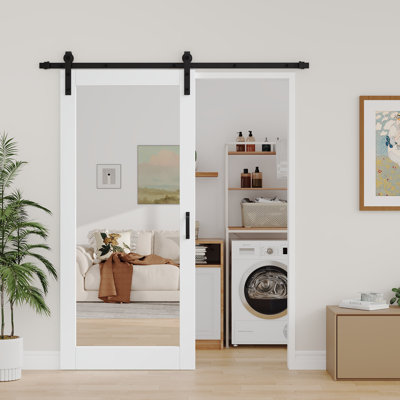 Full-Assembled Panel, 1-Lite Mirrored Barn Door Sliding Solid Wood White Primer Closet Bathroom Doors With Hardware Kit