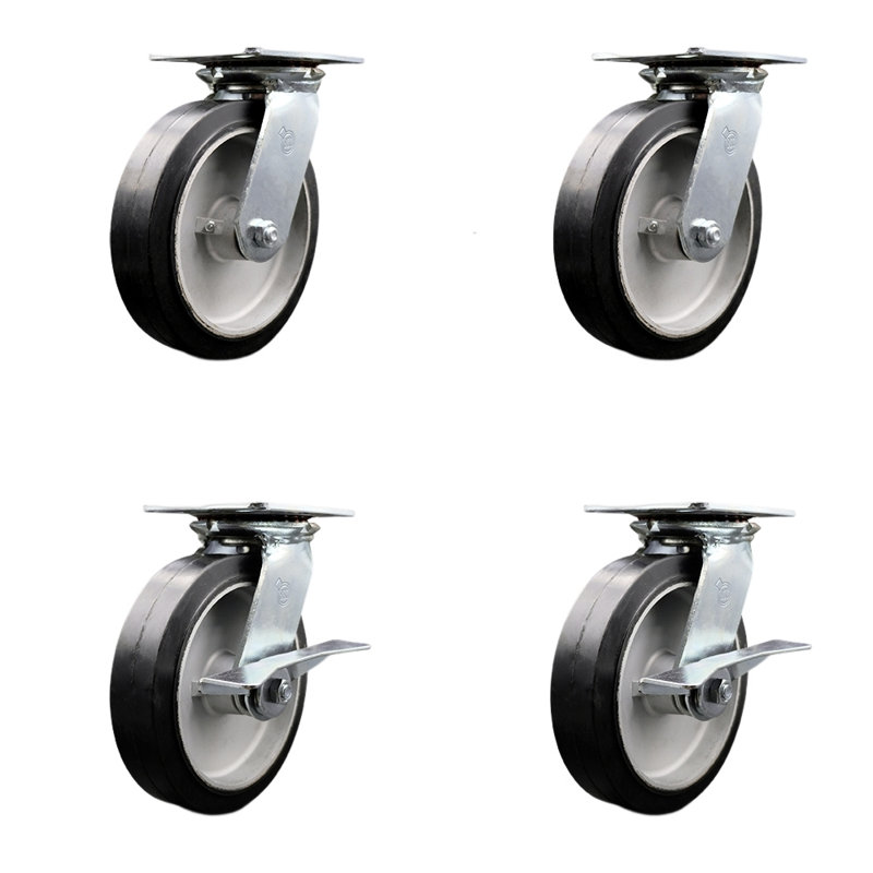 8 Inch Rubber on Aluminum Swivel Caster Set 2 Swivel Locks 2 Brakes SCC