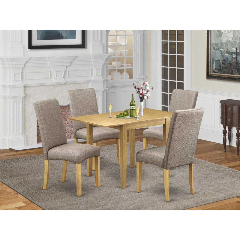 L'ensemble de table de cuisine 5 pièces pour 4 personnes comprend une table de salle à manger rectangulaire avec Dropleaf et 4 chaises Parson en tissu de lin kaki foncé, chêne