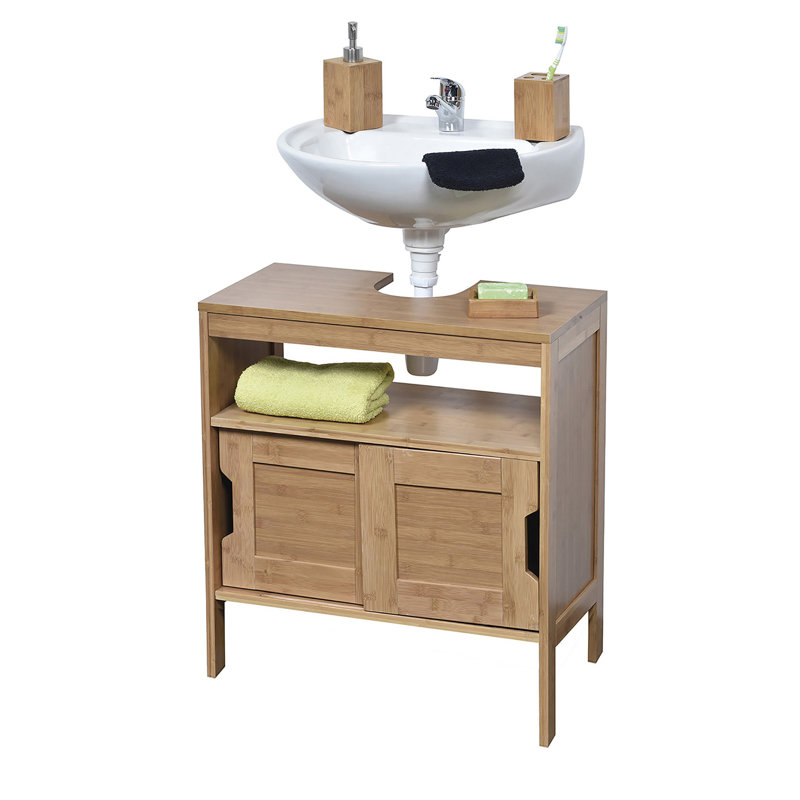 Mahe Bamboo Under-Sink Cabinet with Open Shelf and Sliding Doors U-Shaped Cut-Out