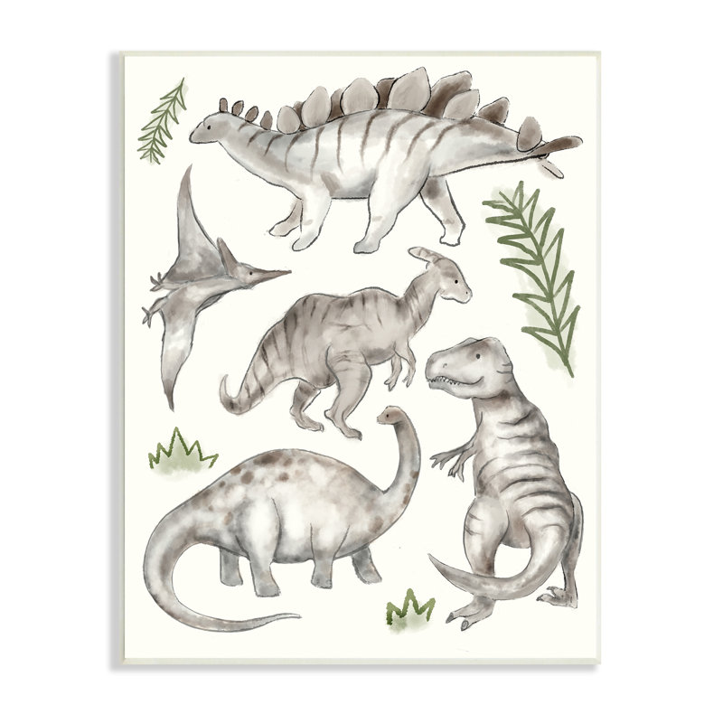 Dinosaures gris ludiques, plantes vertes minimes, H 19 po x l 13 po, Plaque murale