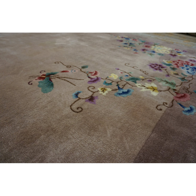 1920s Rectangle Knotted Chinese - Art Deco Wool Ivory Room Size Antique Rug
