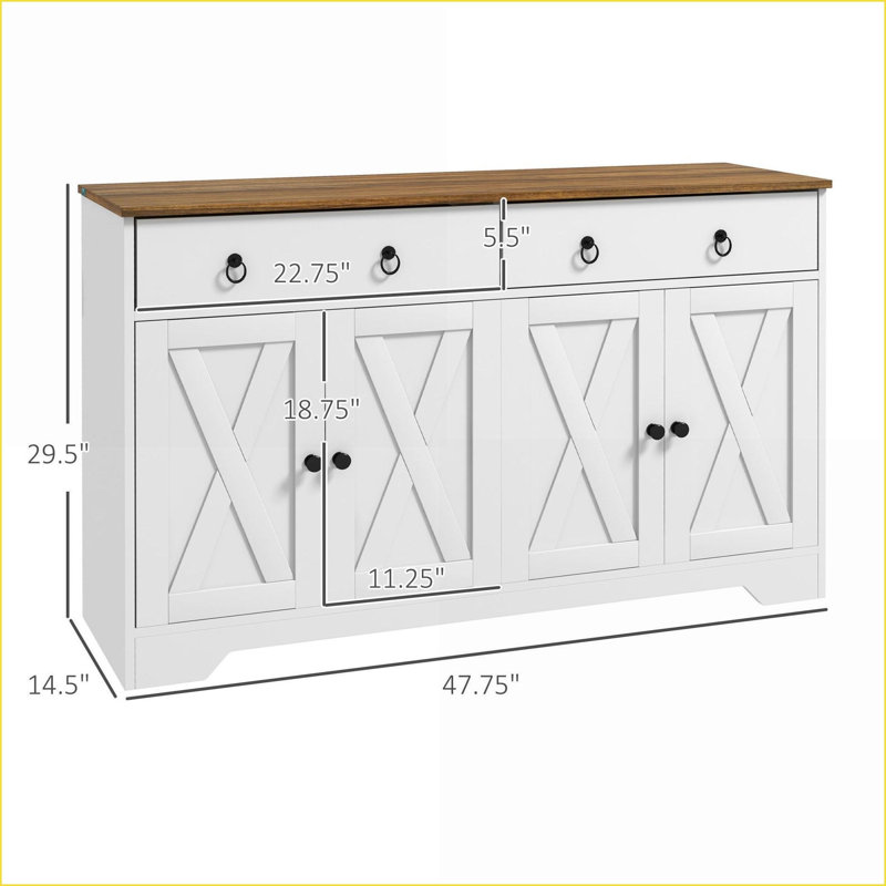 Farmhouse White Sideboard Buffet Cabinet with 2 Drawers, 4 Barn Doors &amp; Adjustable Shelves | Wood Grain Top | Particle Board Frame