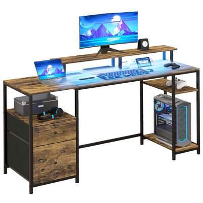 HOMCOM 61"" Computer Desk With LED Lights, Power Outlets, And USB Ports, Gaming Desk With Storage Shelves, Monitor Stand, Fabric Drawers & Remote For H -  17 Stories, 5F373A046A5E4F479800CFDABF93315E