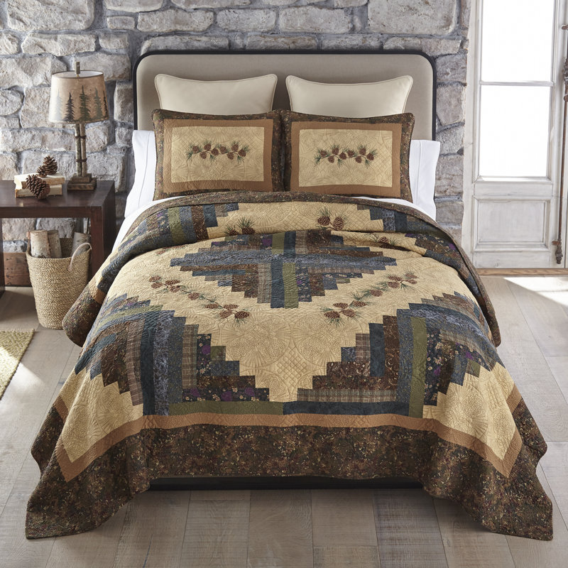 Donna Sharp Cabin Raising Pine Cone Embroidered Pieced Cotton Twin Quilt, Twin Quilt