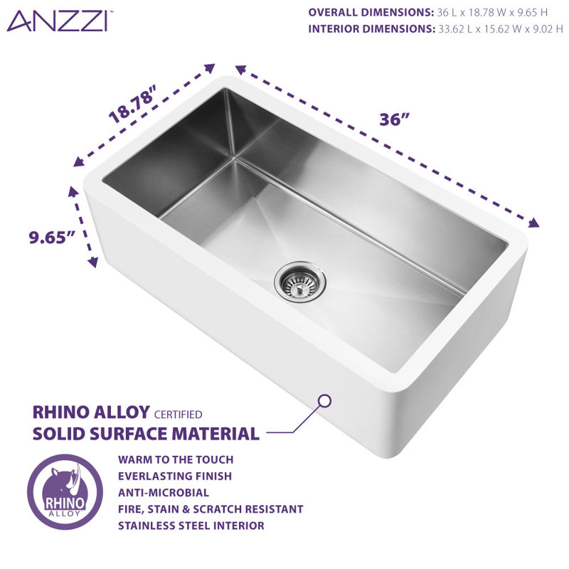 Apollo 36'' White Stone Farmhouse Kitchen Sink with Stainless Steel Interior