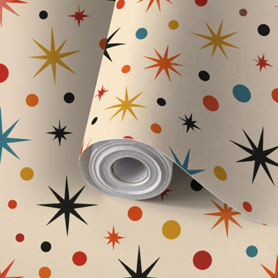 Rouleau de papier peint auto-adhésif pour familles et locataires, rétro, éclatant, cercle, couleurs vibrantes, beige, sans résidus, revêtement mural auto-adhésif pour salon, chambre à coucher, chambre de bébé, cuisine, décoration murale, rénovation de maison, 17,7 po x 118 po (45 x 300 cm)