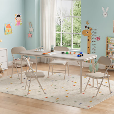 Space-Saving 5-Piece Kids Folding Table and Chairs Set – Collapsible Activity Furniture – Easy Storage –for Dining Room, Daycare, Preschool, Learning space – 4 Chairs Included – Beige