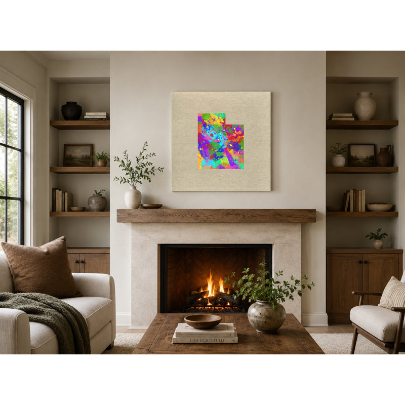 Utah State Map Paint Splatter - Art mural sur toile carrée, 12" W x 12" H