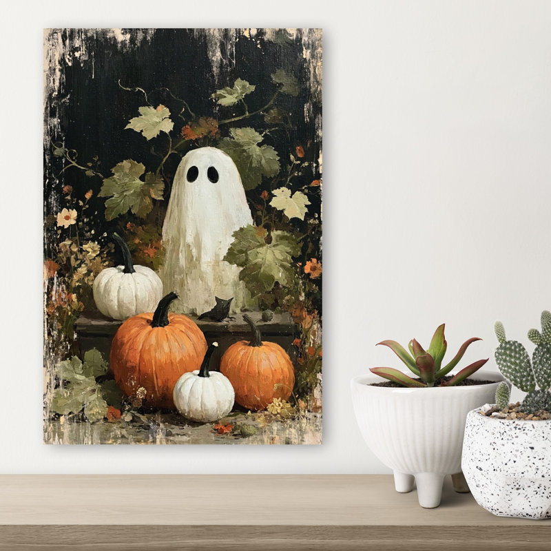 Affiche murale rustique vintage abstraite représentant des fantômes et des citrouilles d'automne, H 18 po x l 12 po