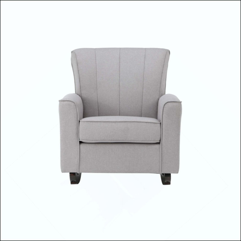 Chaise berçante en lin avec siège à ressorts ensachés, structure en bois et coussins confortables pour la détente