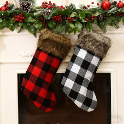 2PCS Plaid Christmas Stockings With Fuzzy Top, Checkered Gift Bags For Fireplace Mantel, Xmas Tree Decorations