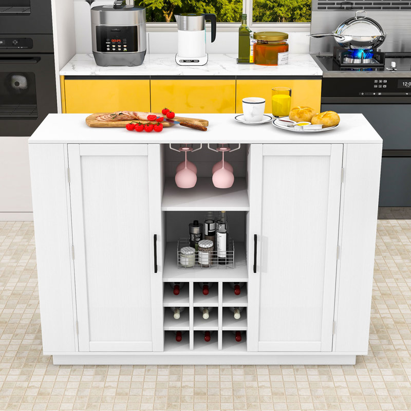 Kitchen Island with Foldable Top, Power Outlet and Wine Rack, White