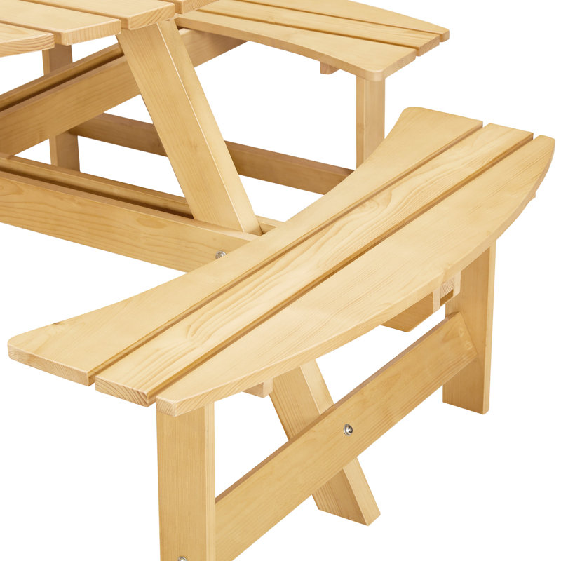 8 Person Round Picnic Table With 4 Built-In Benches. , Smooth Edge, Waterproof, Natural, Weather-, For Patio, Backyard, Garden Benches - Umbrella Hole Construction For Backyard And Patio