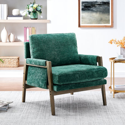 Armchair With Velvet Upholstery, Mid-Century Modern Style, Solid Rubberwood In , Cushion, Base