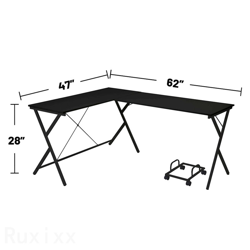 Black L-Shaped Computer Desk, with Computer Holder, Black, 28" H x 62" W x 47"D