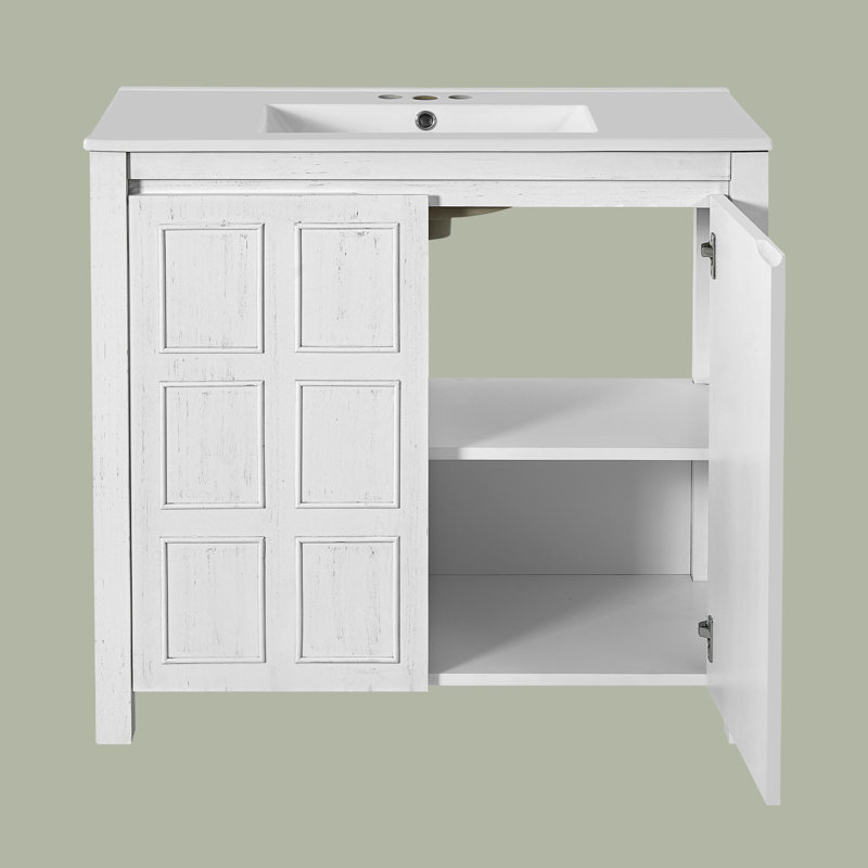 36" Bathroom Vanity Storage Cabinet With Ceramic Sink, Antique White