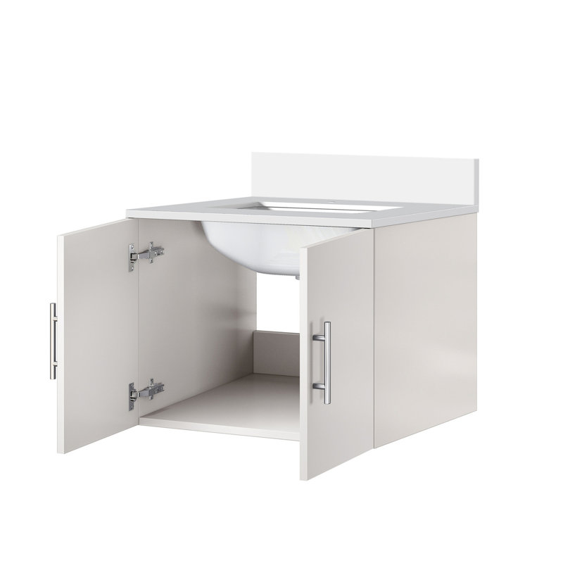 Comptoir de salle de bain blanc lustré l 24 po x P 22 po, comptoir en quartz, structure en bois massif, fermeture en douceur, espace de rangement spacieux, surface pour les égratignures et les taches, pré-percé pour trou de robinet simple 24 po x 22 po