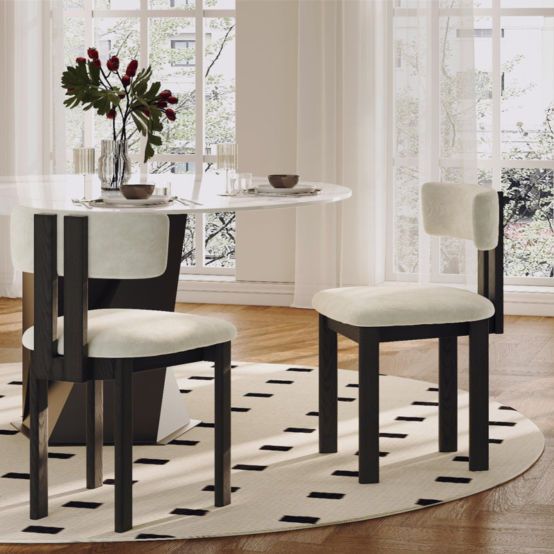 Ensemble de 2 chaises de salle à manger Mid-Century modernes en lin et en coton, beige et noyer clair, entièrement assemblées