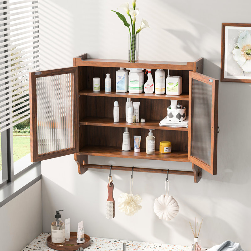 Armoire de rangement de style rétro - porte-serviettes, porte en verre de 24,8 po, trois pièces, brun pour mur avec porte