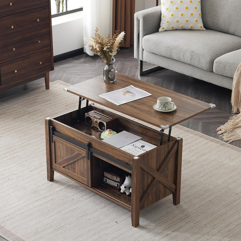 Table basse à plateau relevable, gris rustique avec tablette de rangement et compartiment caché, Mesa De Centro Para Sala