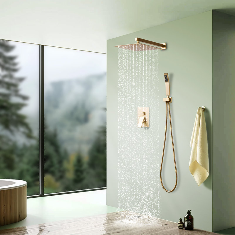 Complete Shower System With Rough-In Valve with 12 Inches Rain Shower Head, Brushed Gold