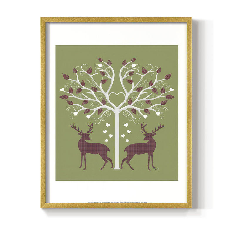 Christmas Des  Deer and Heart Tree, Pink On Green Framed Print - Solid Wood, H 11 po x l 9 po, Doré