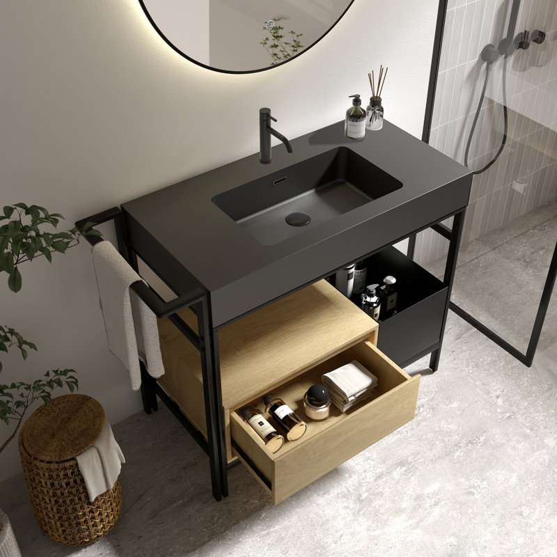 Meuble-lavabo modulaire de style industriel 36 po, avec un cadre en métal robuste, surmonté d'un, 36", Noir