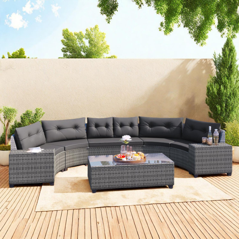 Ensemble de canapé modulaire en osier 8 pièces avec table basse et tables d'appoint 8 pièces, Gris