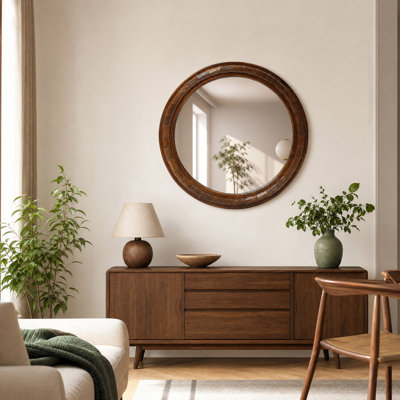 28" Round Solid Wood Framed Wall Mirror, Rustic Brown Textured Decorative Mirror