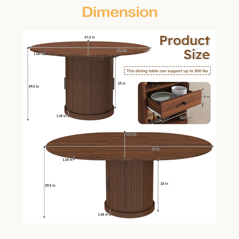 Table de salle à manger extensible 59 po 59 po avec rangement à 2 niveaux pour 4 à 6 personnes, table de cuisine extensible peu encombrante, panneau de fibres à densité moyenne avec finition et base piédestal
