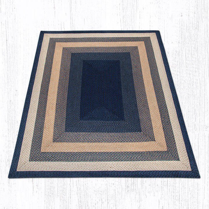  Tapis tressé oblong bleu clair, bleu foncé et moutarde - qualité artisanale, Rectangle 8 pi x 10 pi