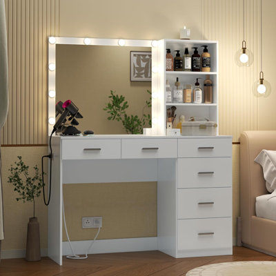 Grand meuble-lavabo 39 pouces avec 3 modes de lumière, multiprise intégrée et 6 tiroirs