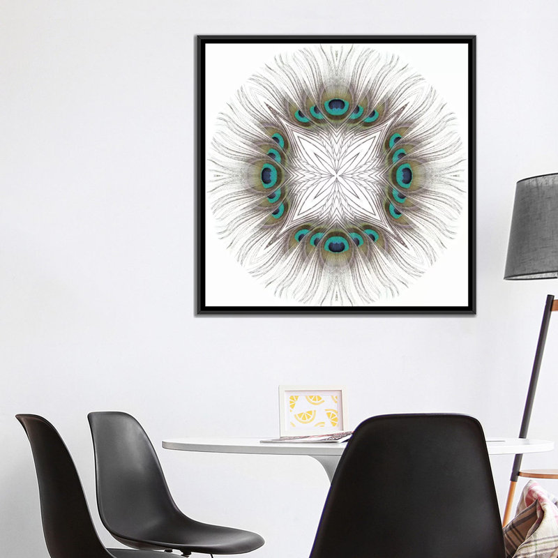 « peacock plumes mandala », reproduction sur toile, H 18 po x l 18 po x P 1,5 po, Toile encadrée noire, Pas de tapis