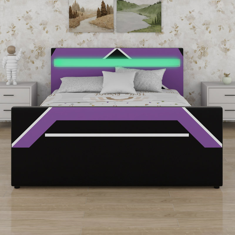 Lit plateforme Gaming avec tête d'éclairage multicolore à DEL et rangement hydraulique latéral, Noir et mauve