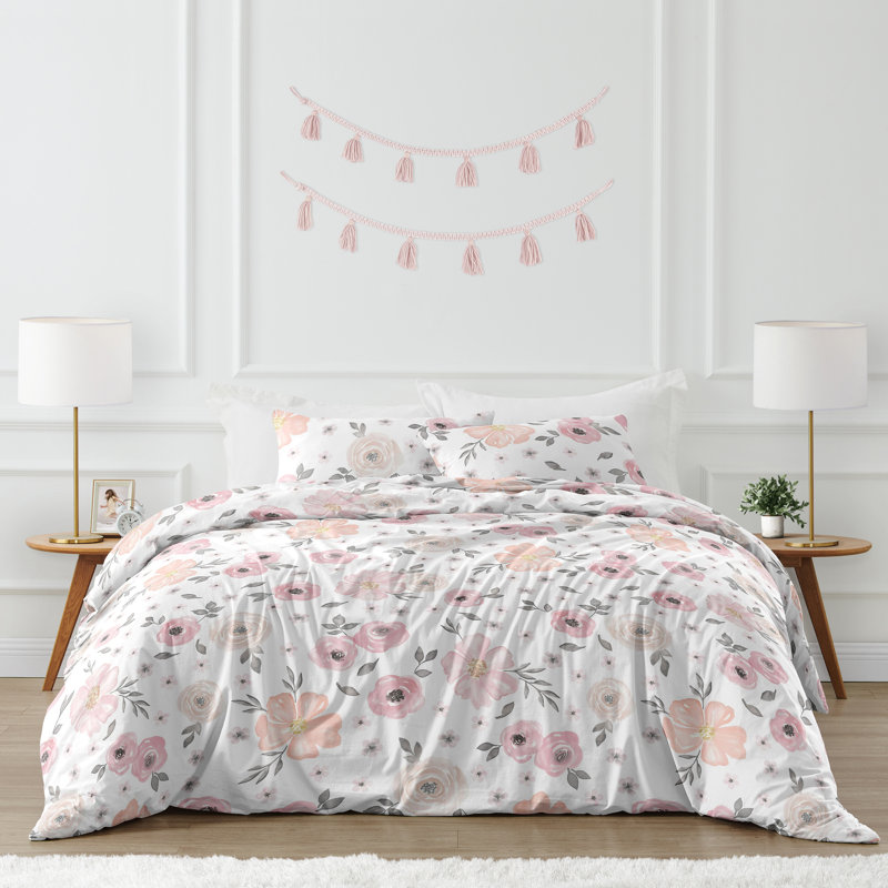 Watercolor Microfiber Comforter Set, Full/Queen Comforter + 2 Standard Shams, White/Blush Pink/Gray