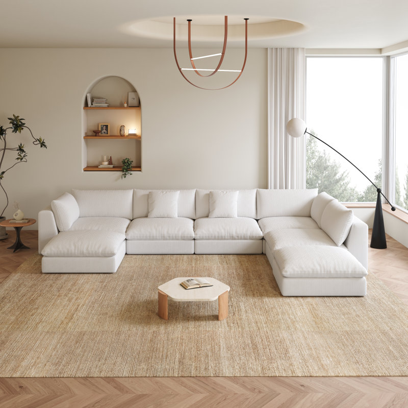 156.7'' Oversized U Shaped 7 Piece Modular Cloud Sectional Sofa With Ottoman, White Velvet