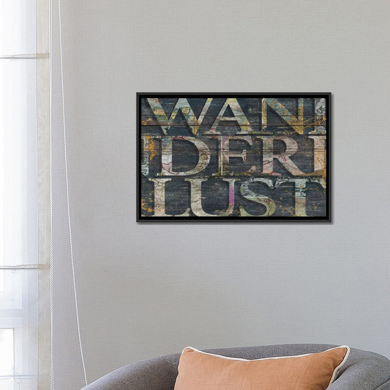 « wanderlusted reclaimed », art textuel sur toile, H 18 po x l 26 po x P 1,5 po, Toile avec cadre noir, Pas de tapis