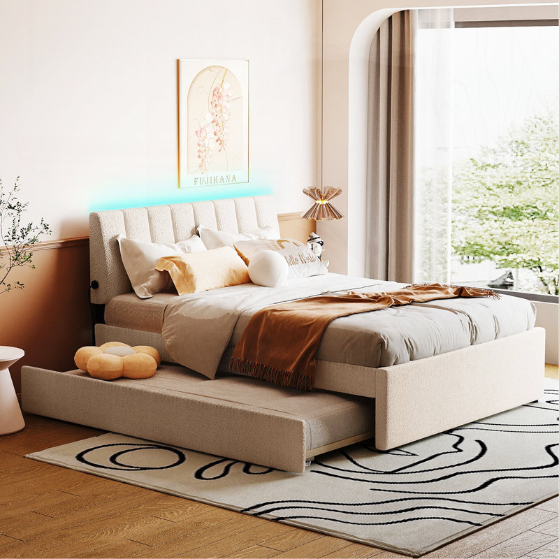 Lit plateforme tapissier avec lit gigogne double Teddy, Lit double , Beige