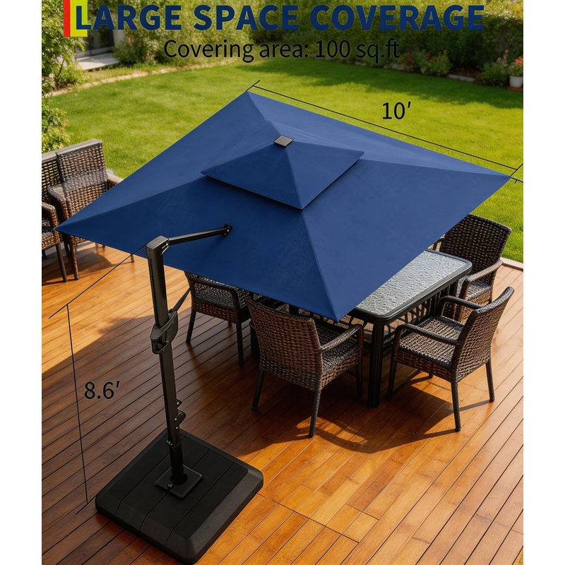 10x10Ft Square Solar LED Cantilever Umbrella , with Weighted Base, Navy