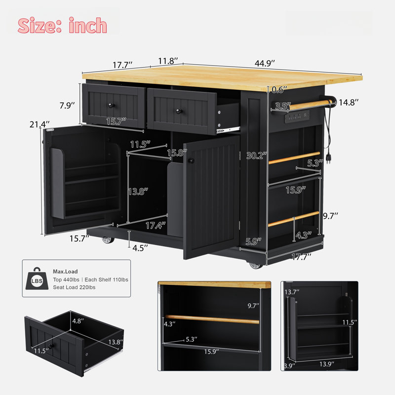 Large Rolling Kitchen Island With Drop Leaf, Power Outlet, Internal Storage Racks, 5 Open Side Racks, 2 Drawers, An Adjustable Shelf