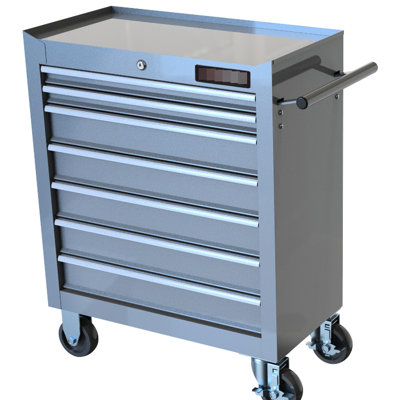 7 Drawers Workshop Tool Trolley In Silver. 15Kg Bearing Slide. Lockable Drawer Case. Robust Steel. 4" , 2 With Brake Function Silver 7 On Wheels. Slide For Equipment Storage. Cabinet. Steel Structure.