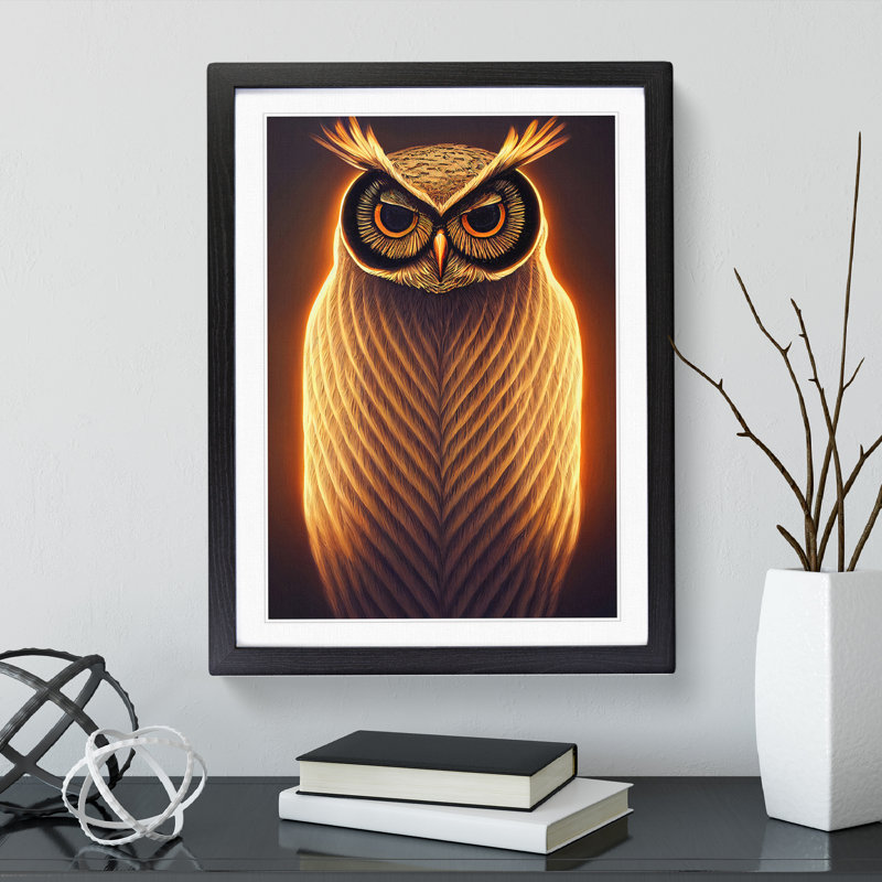 Glowing Owl - Single Picture Frame Print, Black, 34cm H x 25cm W x 2cm D